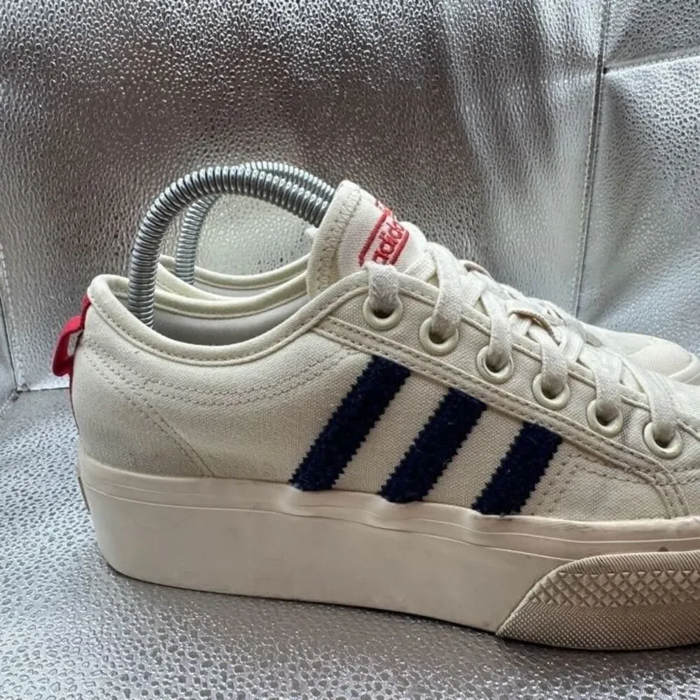 adidas Women's Cream Platform Sneakers with Navy Stripes and Red Logo